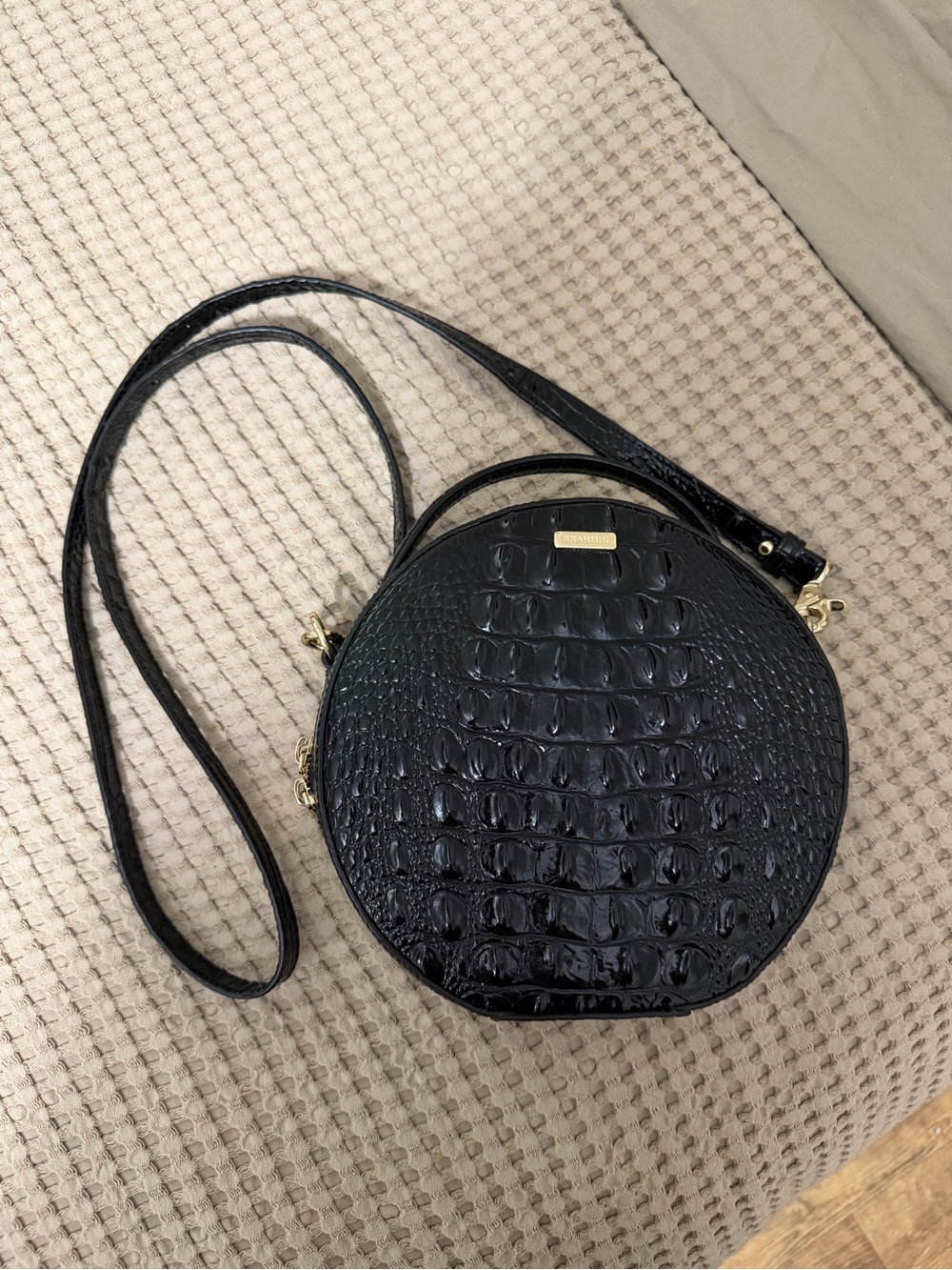 Brahmin Black Croc-Embossed Round Crossbody Bag